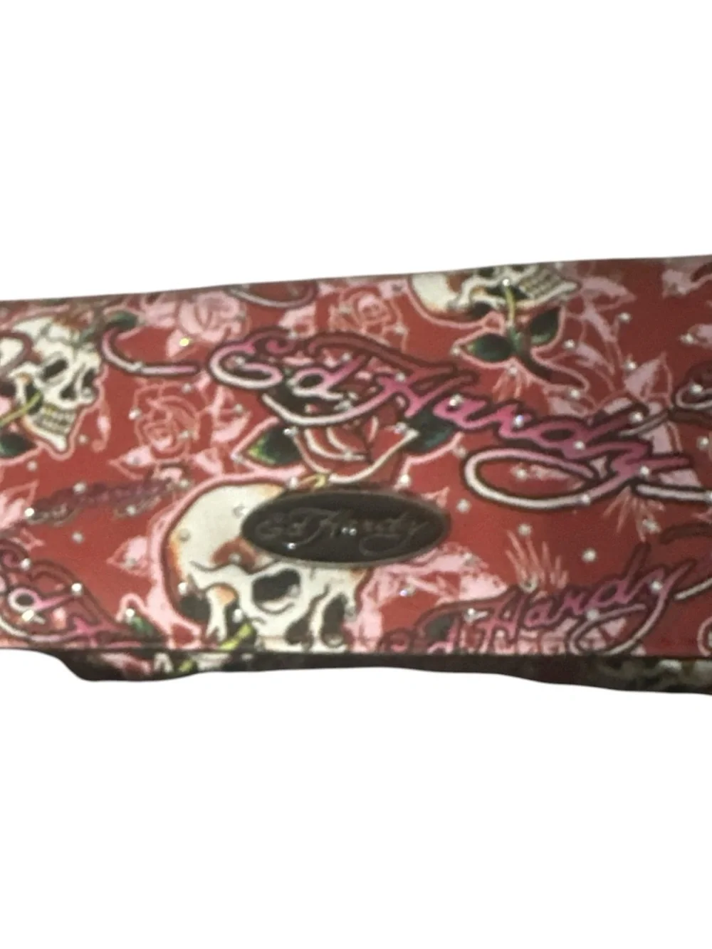 NWT Ed Hardy Red Skull & Rose Graphic Wallet lots of card and pocket rhinestones